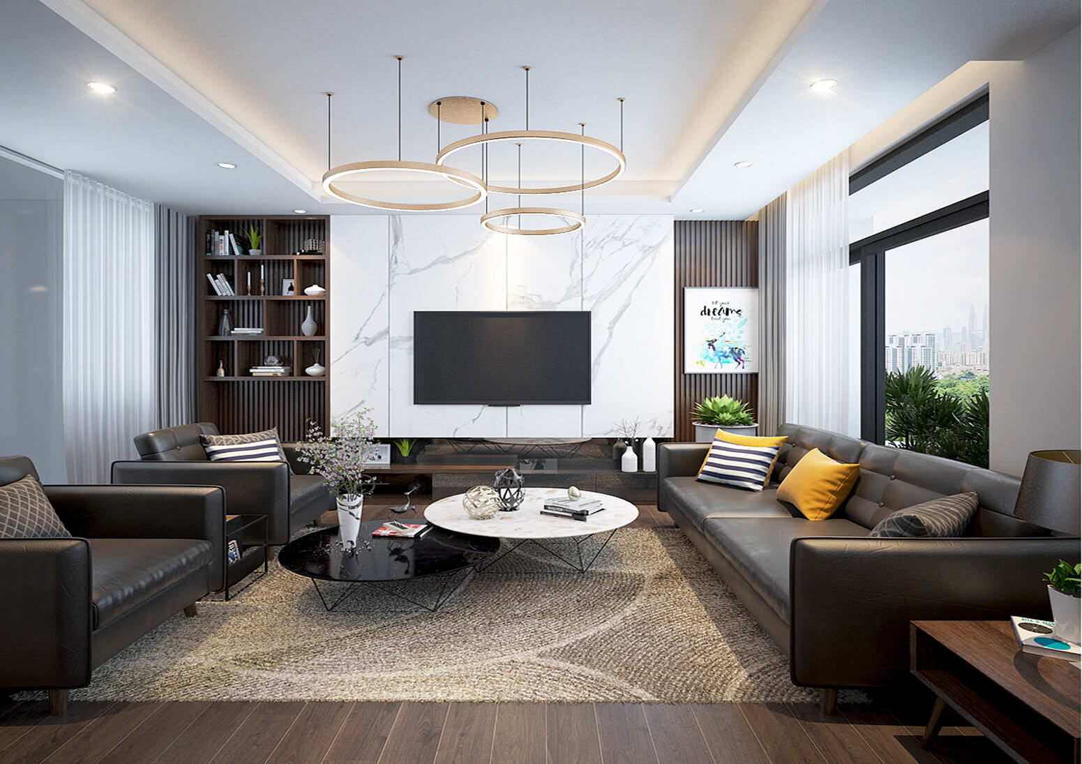 Hình ảnh: Nội thất phòng khách hiện đại được thiết kế tối giản với tone màu tương phản chủ đạo