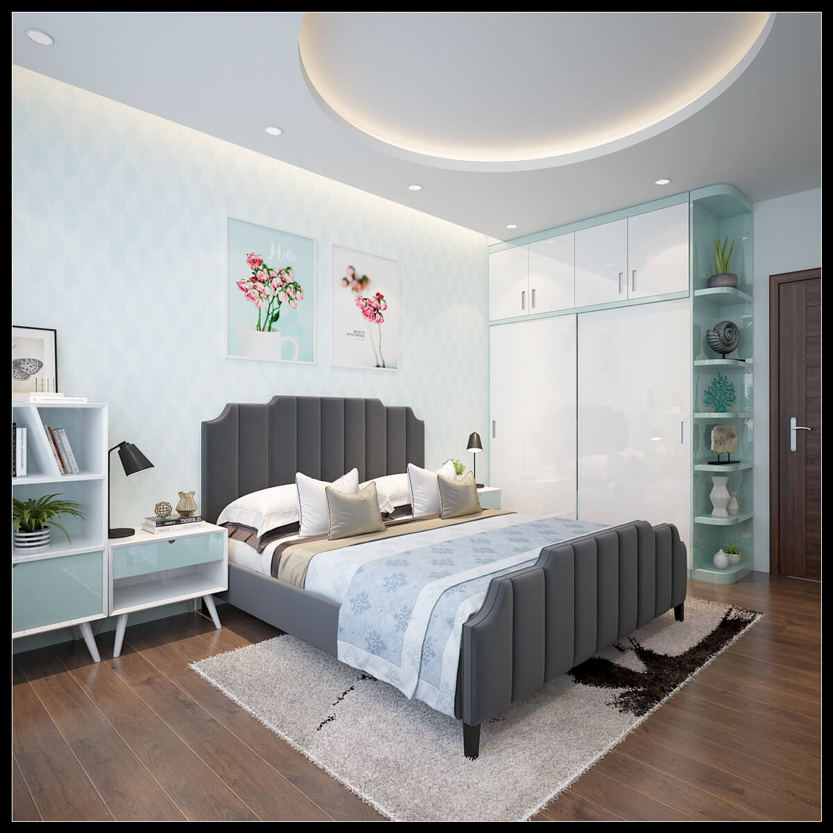 Hình ảnh: Không gian phòng ngủ 1 với tone màu xanh làm chủ đạo
