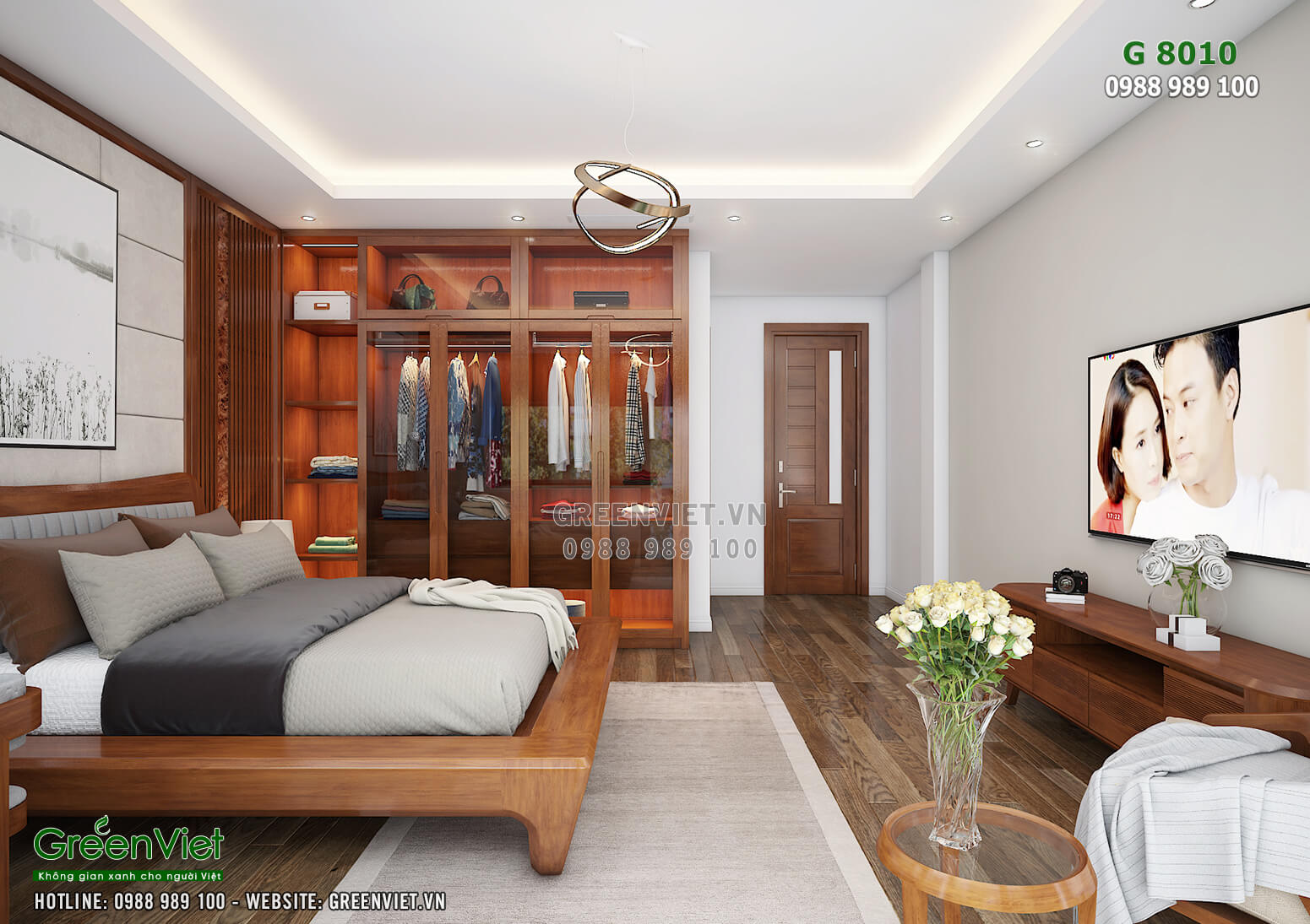 Thiết kế nội thất phòng ngủ hiện đại, trần thạch cao, sàn gỗ tiện nghi