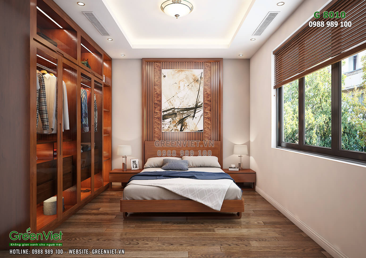 Thiết kế nội thất phòng ngủ kết hợp trần thạch cao và gỗ óc chó đẹp